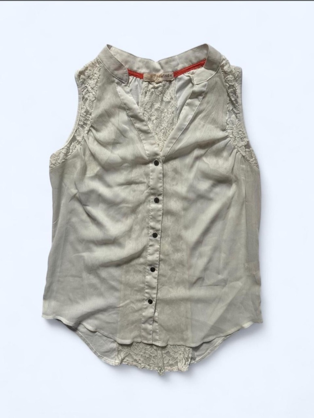 Rewind Sleeveless Button Front Lace Detail V-Neck Top in White Size Large Boho